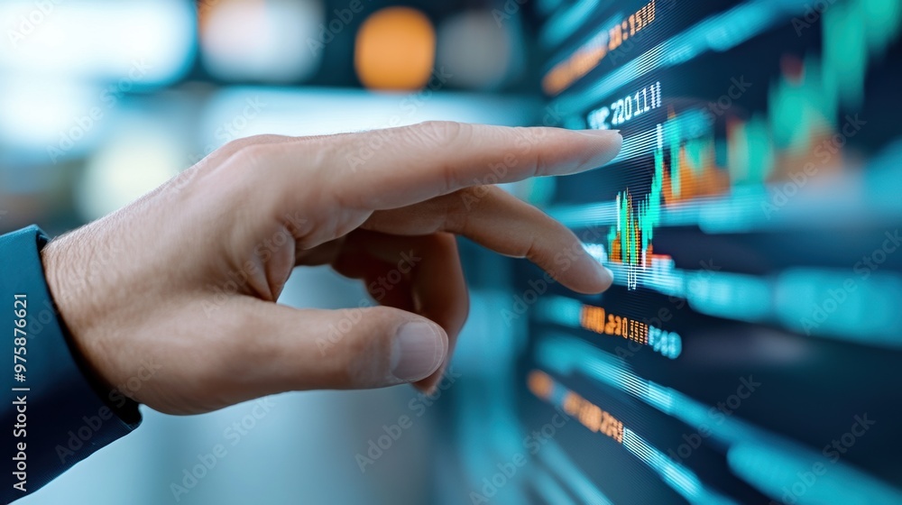Poster a man pointing at a screen with numbers on it, ai