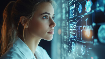 Female Doctor,  Profile view of a female doctor analyzing a healthcare data hologram, showcasing innovation in medical research technology