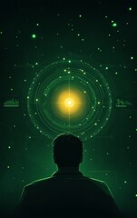 A silhouette of a person gazing at a bright star amidst a cosmic scene, symbolizing exploration and discovery in the universe.