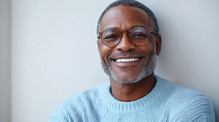 Cheerful Middle-Aged Man,  A dark-skinned middle-aged man with a bright smile, wearing a light blue sweater and round glasses, poses relaxed against a white wall