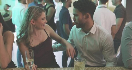 Laugh, drinks and party with couple at nightclub for music, relax and celebration. Happy hour, cocktails and social event with man and woman flirting for cheers, new years and alcohol together