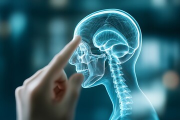 An illustrative representation of a human skull with finger pointing at the brain, showcasing anatomy and neuroscience concepts.