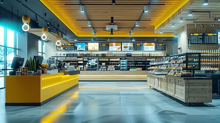 A smart retail environment with modern interior design, digital displays and interactive technologies for an enhanced shopping experience.