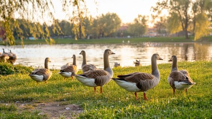 Fototapeta premium Geese Grazing on the Grass Near a Tranquil Pond During Golden Hour