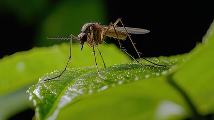 Fototapeta premium Close-up of a Mosquito Resting on a Dewy Green Leaf in a Lush Tropical Environment During Daylight