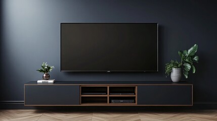A modern wall-mounted TV unit with hidden storage, set against a dark, matte finish wall.