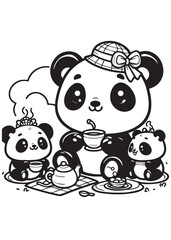 Children coloring page panda family 