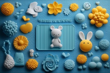 Cute pastel decorations featuring a bunny and flowers in blue and yellow hues.
