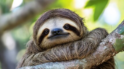 Fototapeta premium Close-up View of a Sloth Relaxing on a Tree Branch in Its Natural Habitat During the Daytime