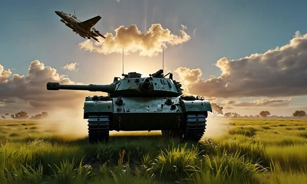 battle tanks on the ground and fighter planes in the sky