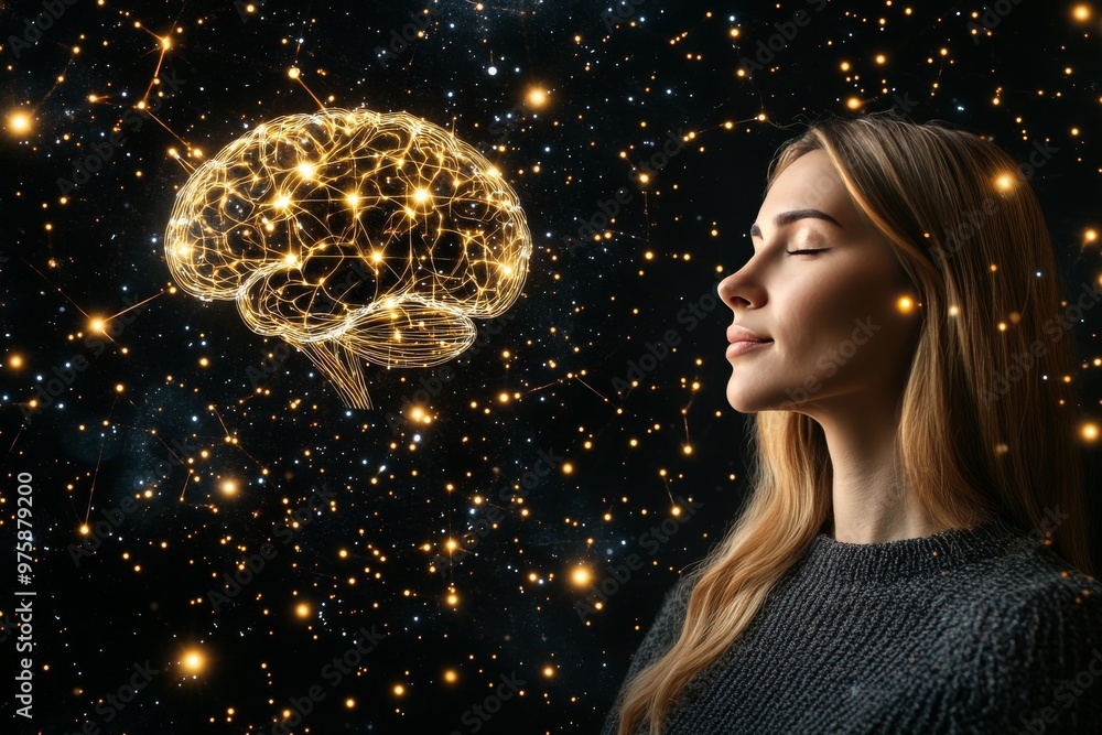 Poster futuristic close up of a woman with a glowing neural brain like pattern symbolizing human cognition 