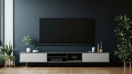 A modern wall-mounted TV unit with hidden storage, set against a dark, matte finish wall.
