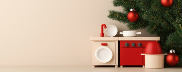 Obraz premium Discover the perfect Christmas present for girls with this charming wooden toy kitchen and dishes, ideal for festive celebrations under the tree.