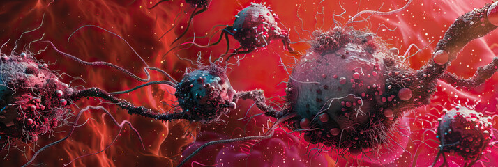 Tumor Tangles: Cancerous cells tangled and spreading across a red background, depicting the spread of disease.