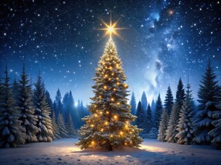 Naklejka premium Dark winter forest background illuminated by a towering Christmas tree's twinkling lights, its silhouette standing majestically against a starry, snowflake-filled night sky.