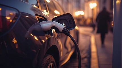 Evening electric car charging in city street