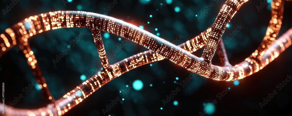 Poster explore a close-up of a luminous digital dna strand, intricately designed with binary code, set agai