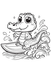 Children coloring page design crocodile surfing