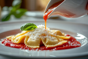 Close-up of ravioli topped with grated cheese and basil as tomato sauce is poured delicately