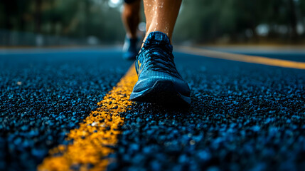 Running Shoe on Asphalt with Yellow Line Photo