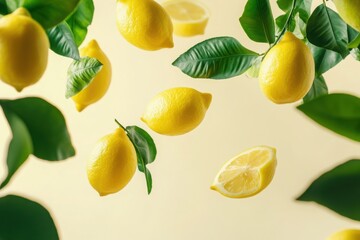 Fresh Lemons and Leaves Floating on Yellow Background