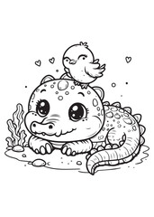 Cute crocodile with little bird children coloring book 