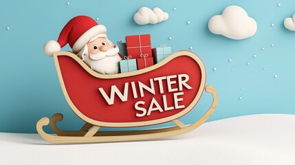 A cheerful Santa in a sleigh filled with gifts, promoting a festive winter sale against a snowy background.