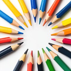 Fototapeta premium A set of colorful pencils arranged in a circle, creative and vibrant art concept, isolated on white background