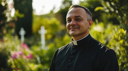 A portrait of a Catholic priest outdoors, with a peaceful expression and a scenic church garden in the background