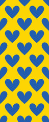 A vibrant pattern featuring blue hearts on a yellow background, creating a cheerful and playful design.