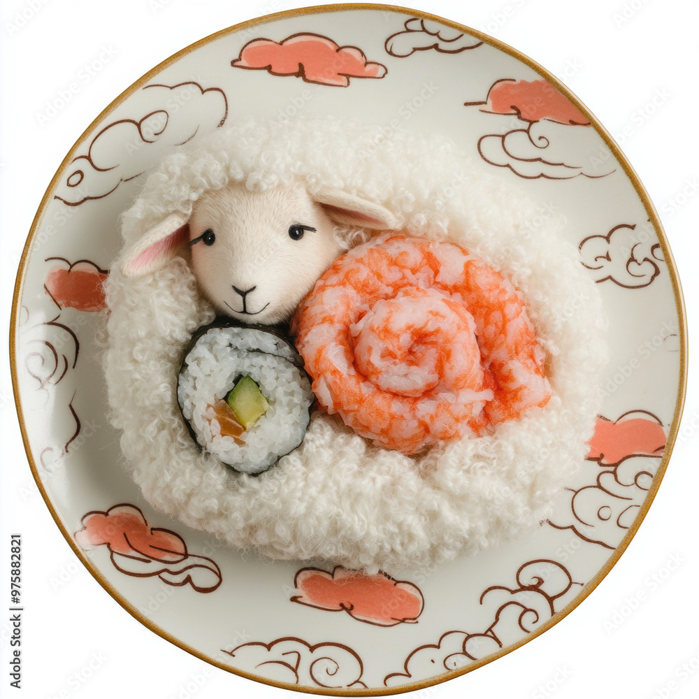 Poster a fluffy sheep cuddled up on sushi roll resting on decorative plate, creating whimsical and delightf