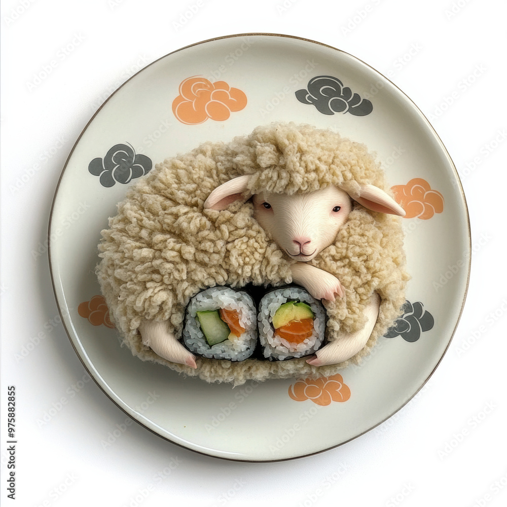 Poster a fluffy sheep cuddled up on sushi roll resting on decorative plate, creating whimsical and delightf