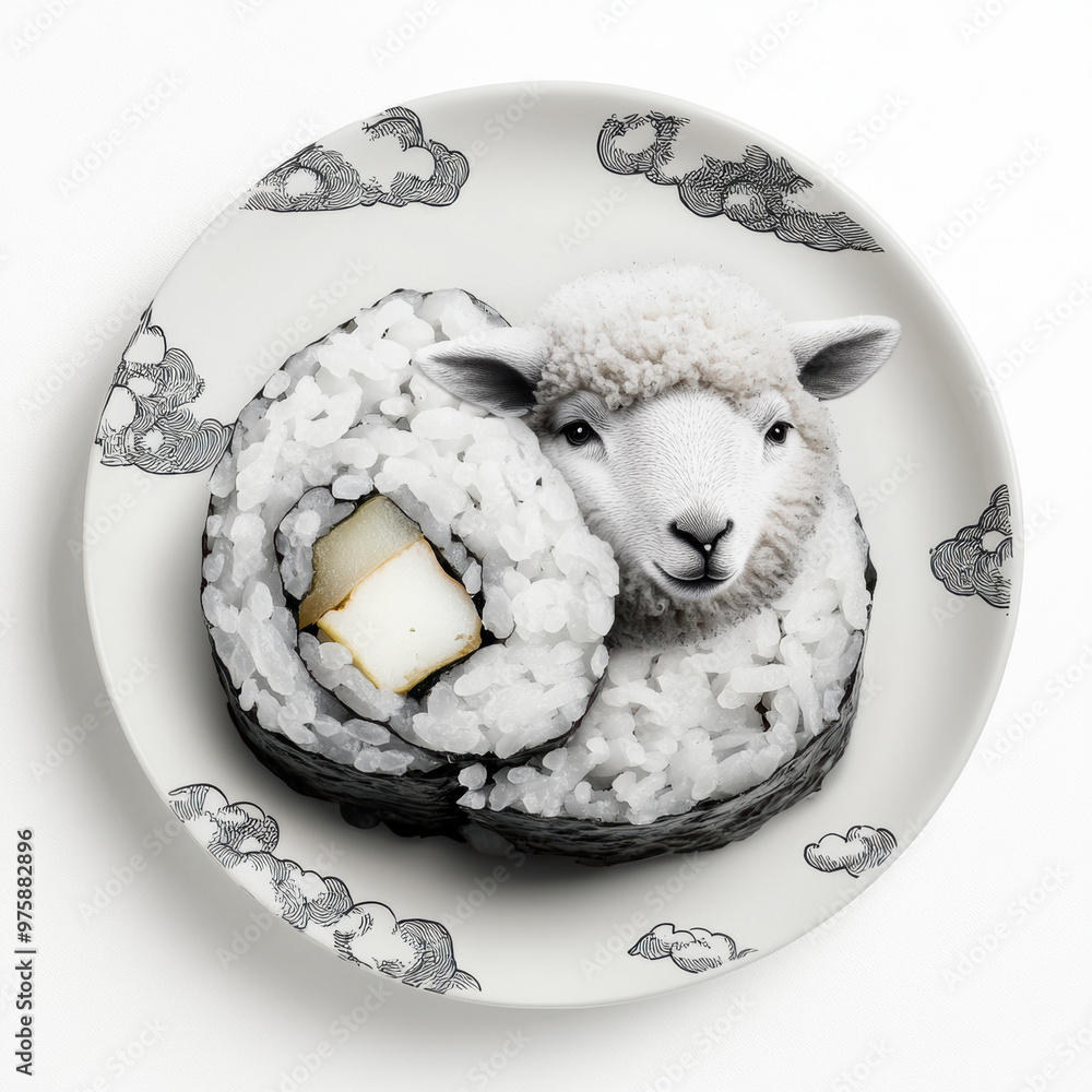 Poster a fluffy sheep cuddled up on sushi roll resting on decorative plate, creating whimsical and playful 