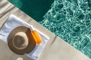 Sunscreen Bottle with Straw Hat and Towel by a Clear Poolside