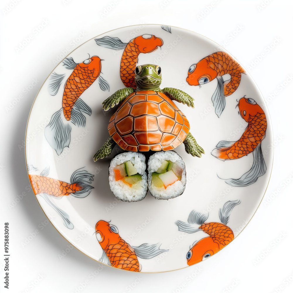 Poster a happy turtle is playfully positioned on sushi roll, creating whimsical scene on decorative plate a