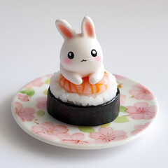A cute kawaii bunny is perched on top of sushi roll, creating an adorable and whimsical scene. bunnys cheerful expression adds playful touch to sushi presentation