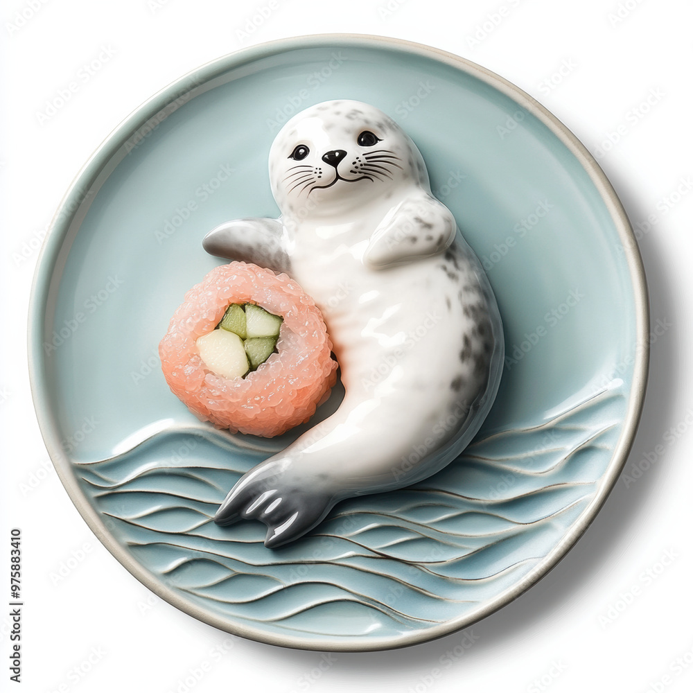 Poster a playful seal lounging on piece of nigiri sushi, creating whimsical and delightful scene. seals cha