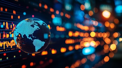 A vibrant digital world map overlaid on glowing data visuals, representing global connectivity and technological advancement.