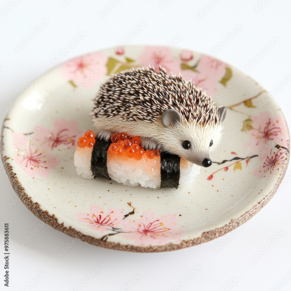 Poster a small hedgehog is playfully rolling on sushi piece, creating delightful and whimsical scene. intri