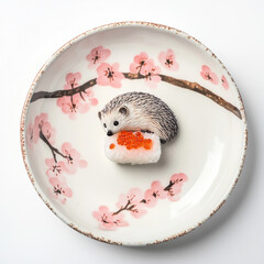 A small hedgehog is playfully rolling on sushi piece, surrounded by delicate cherry blossom patterns on plate. This whimsical scene captures delightful moment of nature and culinary art