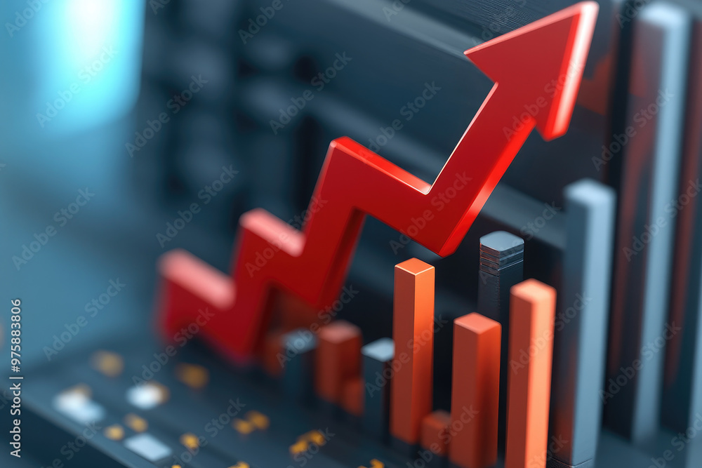 Poster image of a bank building featuring a large red arrow pointing down, symbolizing decreasing interest 