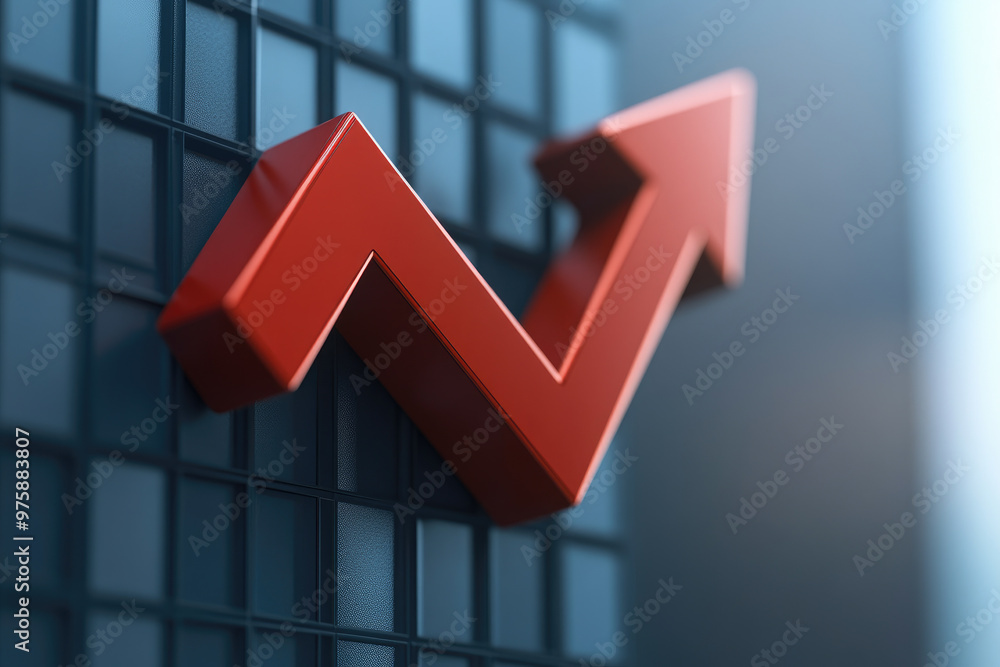 Poster image of a modern bank building featuring a prominent red arrow pointing down, symbolizing declining