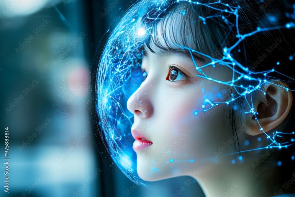 Poster side profile of a woman surrounded by glowing blue neural lines symbolizing intelligence human cogni