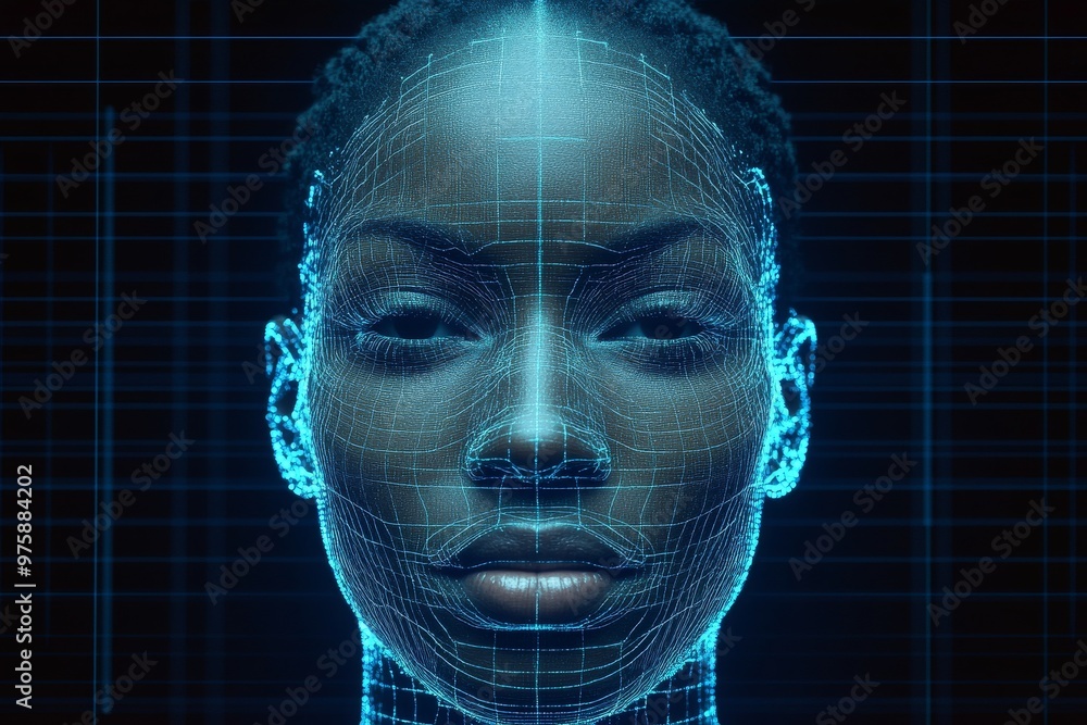 Poster digital portrait of a futuristic woman with glowing grid like patterns symbolizing technology intell