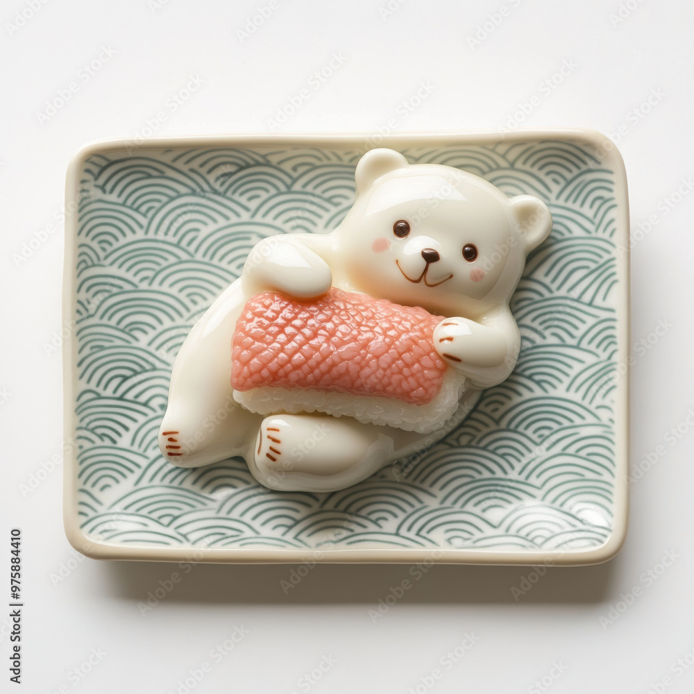 Poster a tiny bear is hugging sushi piece on rectangular plate, showcasing playful and adorable scene. bear