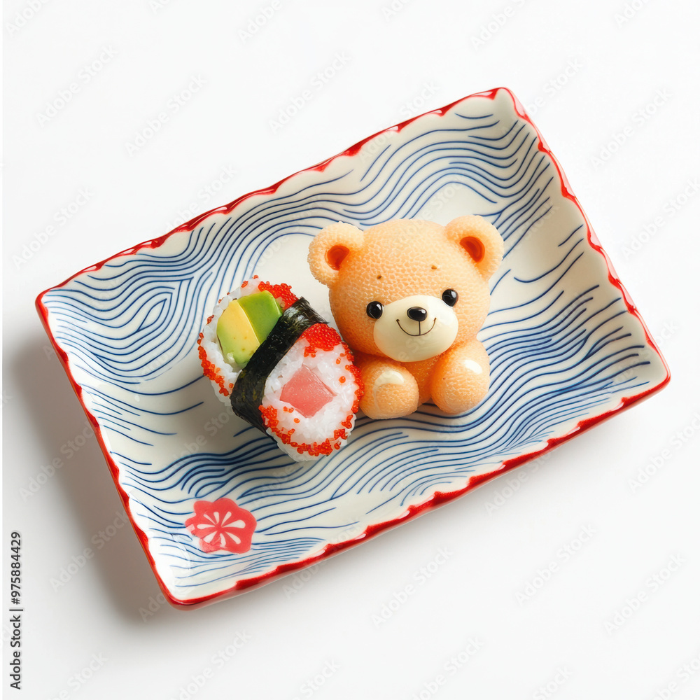 Poster a tiny bear is hugging sushi placed on rectangular plate, creating delightful and whimsical scene. c