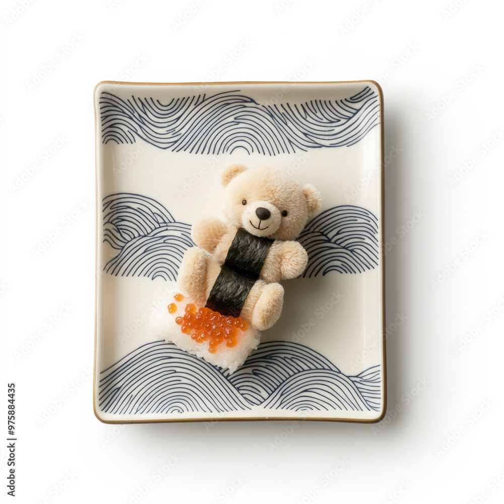 Poster a tiny bear is hugging sushi piece placed on rectangular plate with wave patterns, creating whimsica