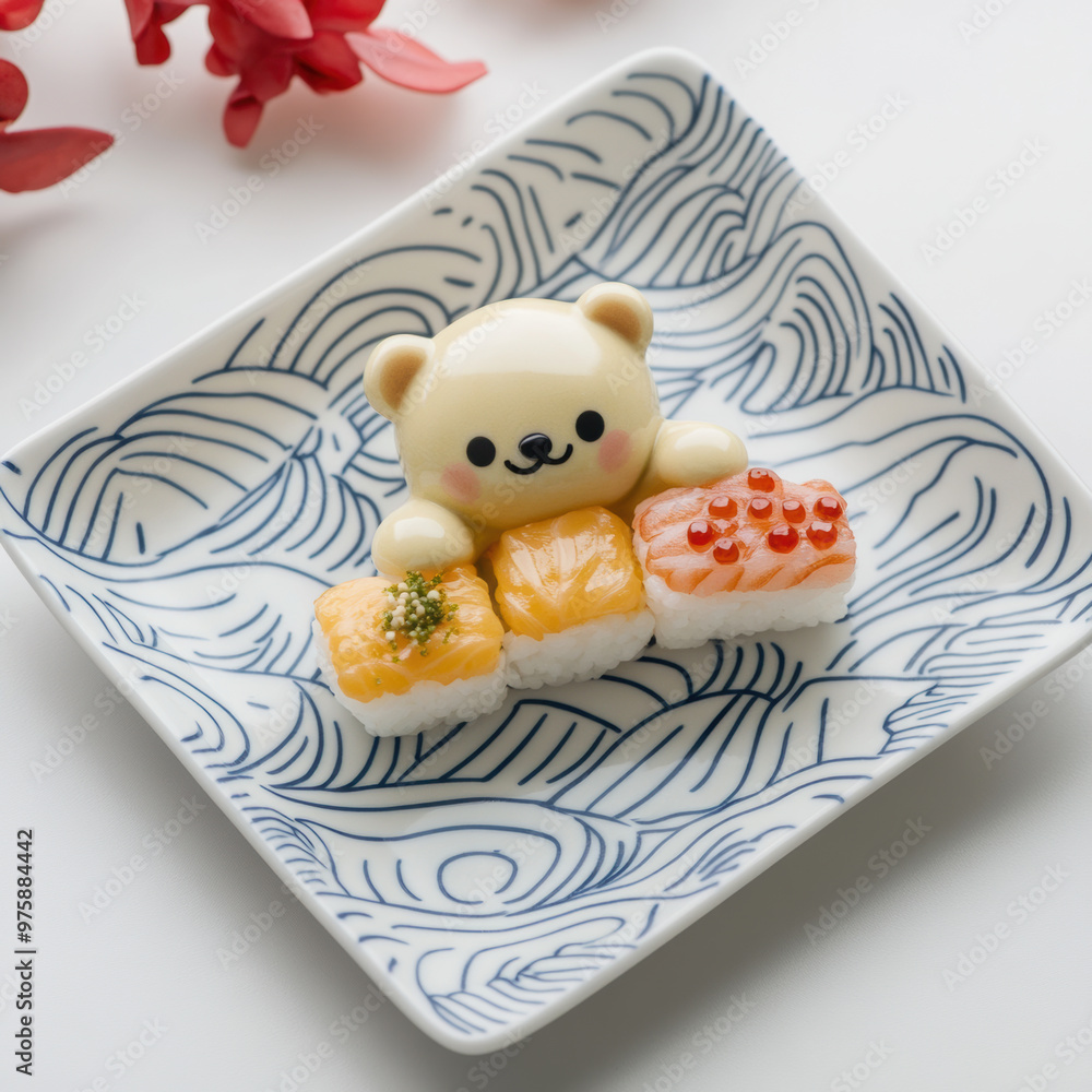 Poster a tiny bear is joyfully hugging sushi placed on decorative plate, creating delightful and whimsical 