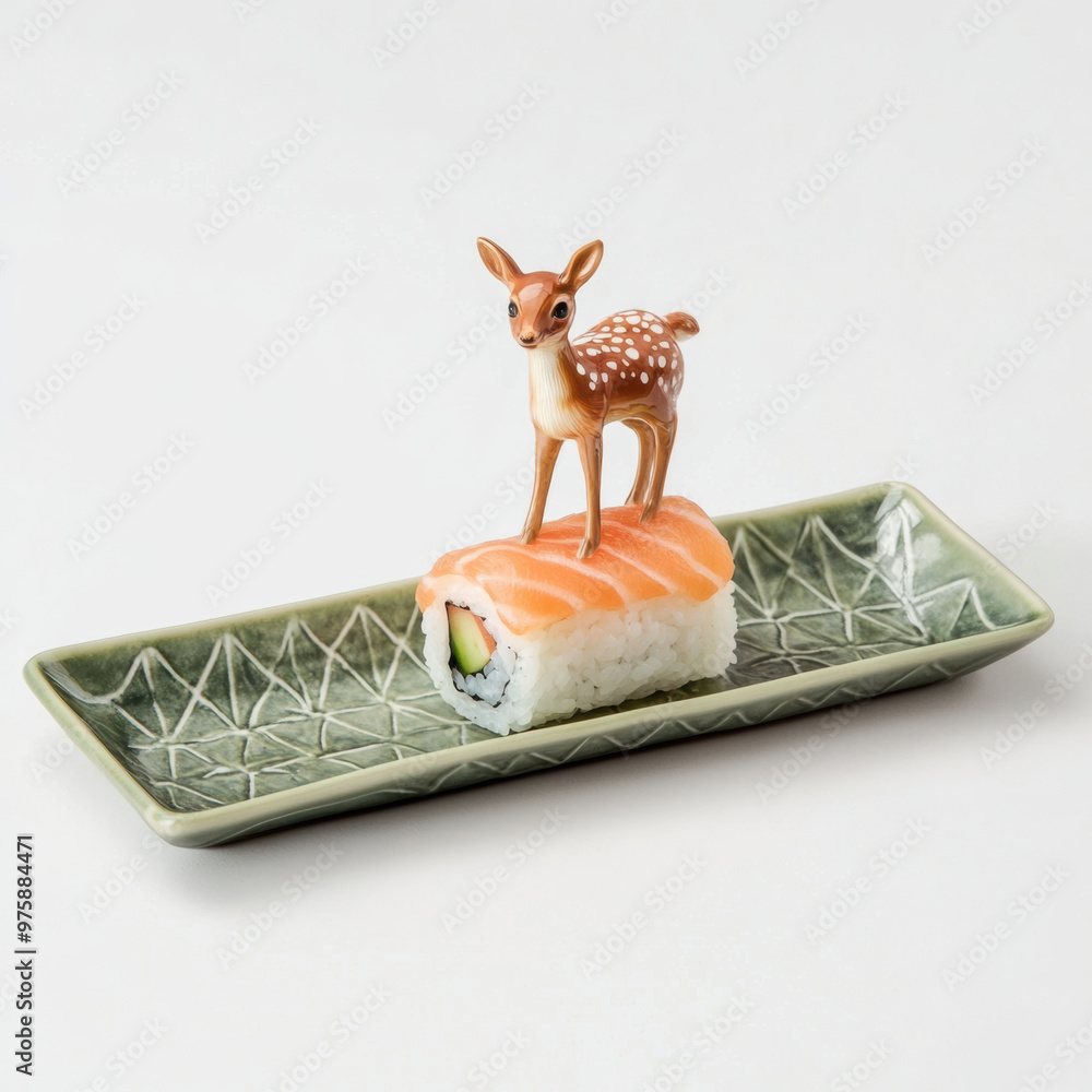 Poster a tiny deer standing on top of sushi roll served on decorative plate creates whimsical and playful s