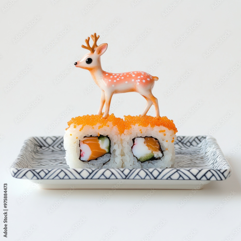 Poster a tiny deer standing on top of sushi roll creates whimsical and playful scene, showcasing unique com